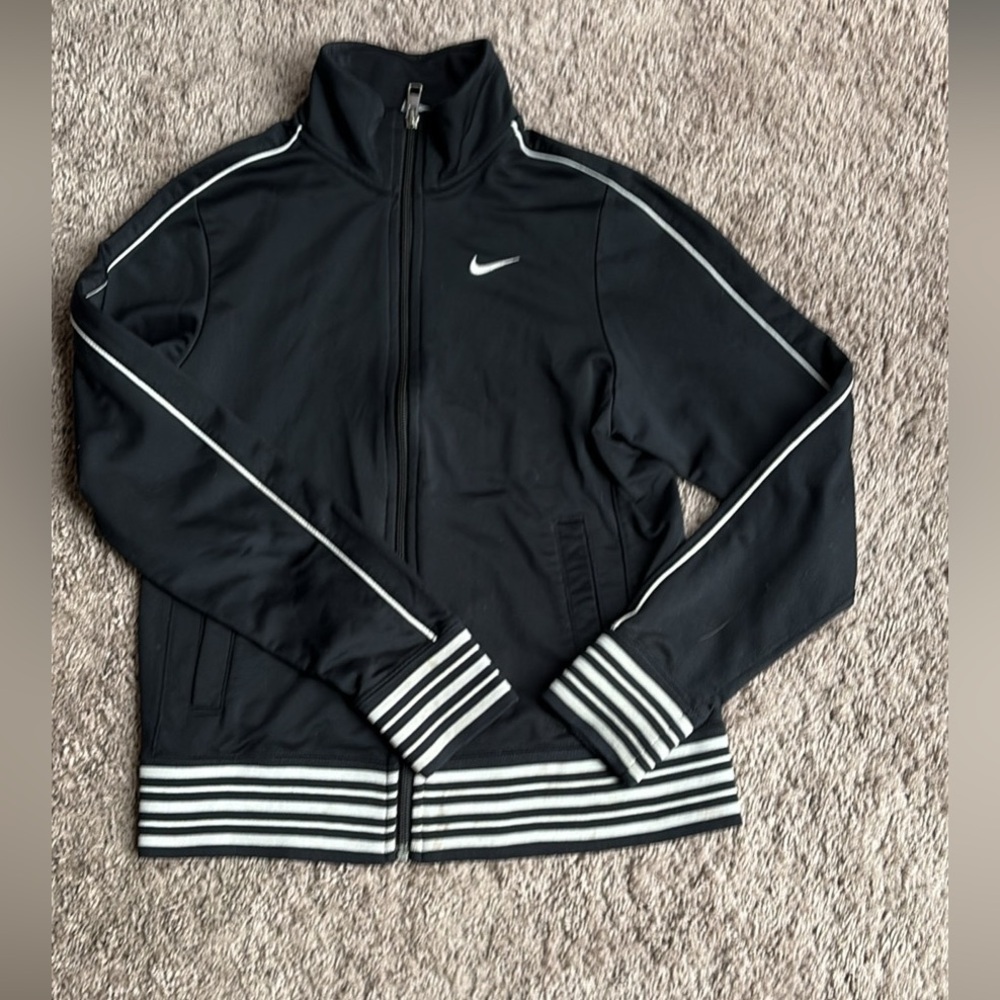 Nike Dry Fit Black Zip-Up Jacket with White Logo girls size L 10Y